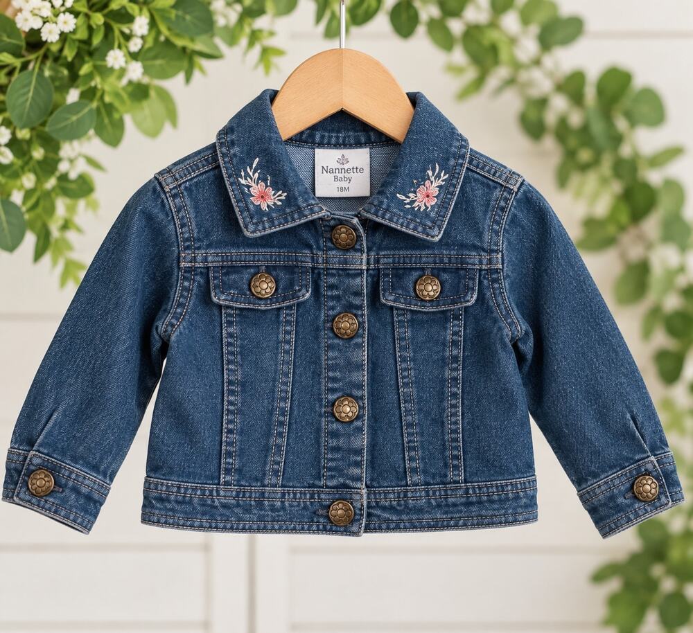 Nannette Baby Girls Denim Jacket 18M Embroidered Floral Retro Jean Coat
